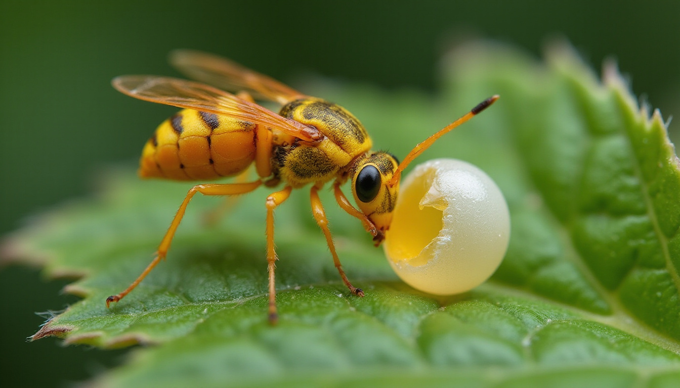  Macro close-up of tiny Trichogramma wasp emerging from moth egg on leaf, high-detail