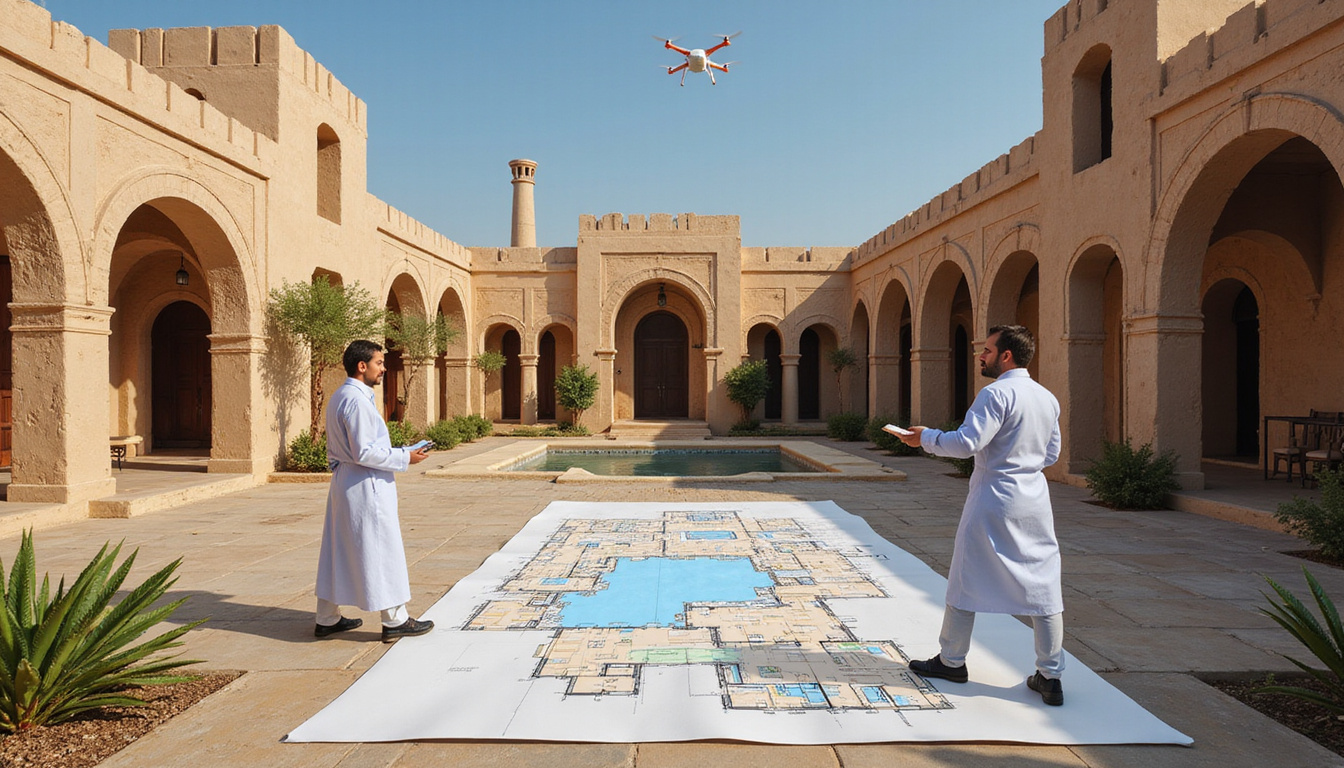  Architect analyzing augmented-reality floorplans over traditional Egyptian courtyard, drones, IoT sensors visible