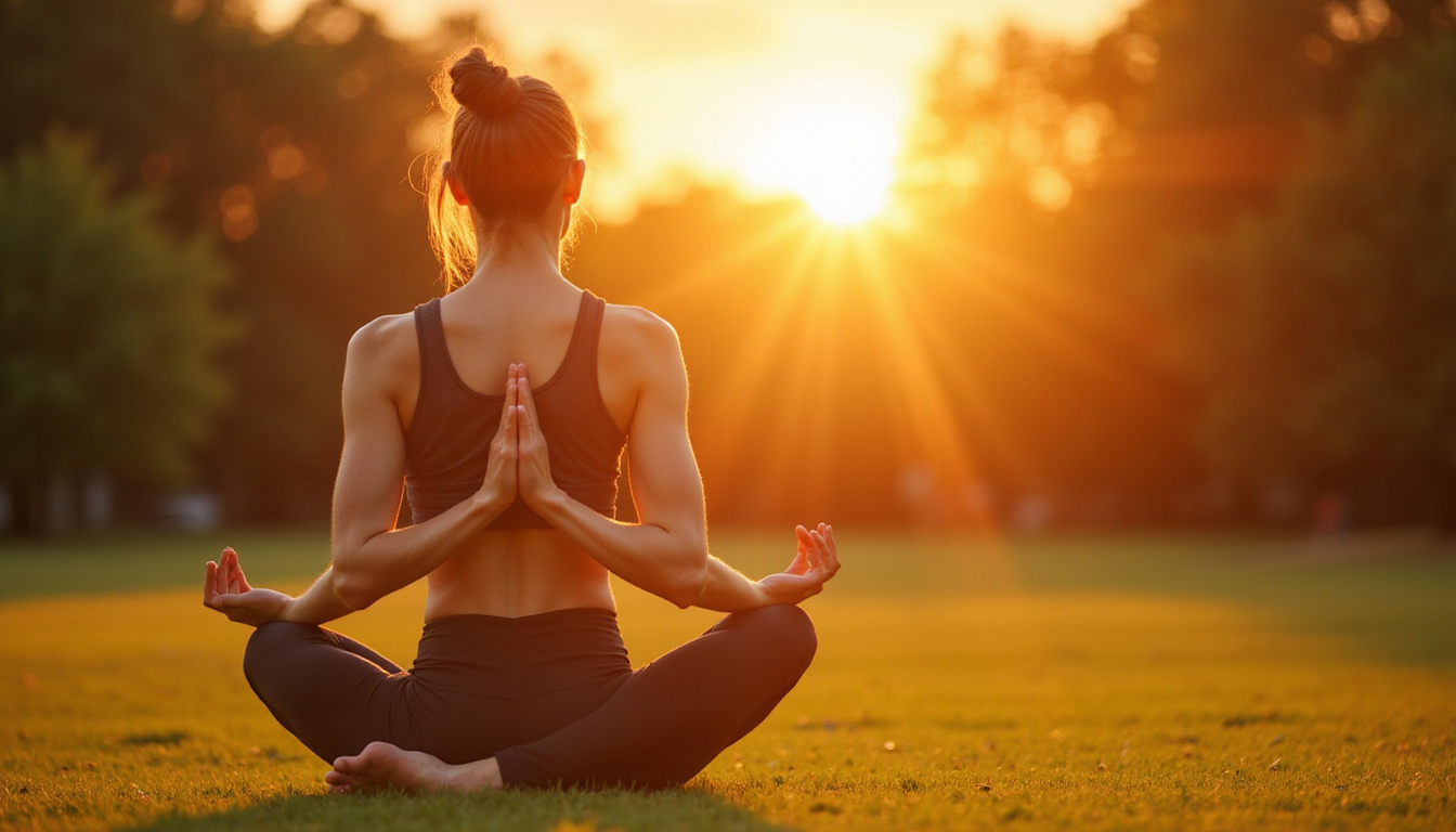  Athlete practicing guided breathwork in sunrise park, golden glow, muscles relaxing, energy returning