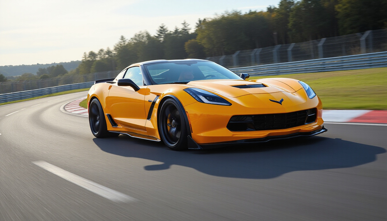 Action shot of lowered sports car cornering on racetrack, minimal body roll, dynamic motion blur