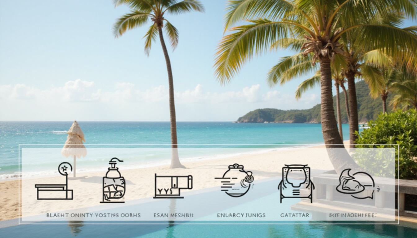  Elegant beachfront resort concierge presenting inclusive amenities icons, spa, gourmet dining, no hidden fees banner