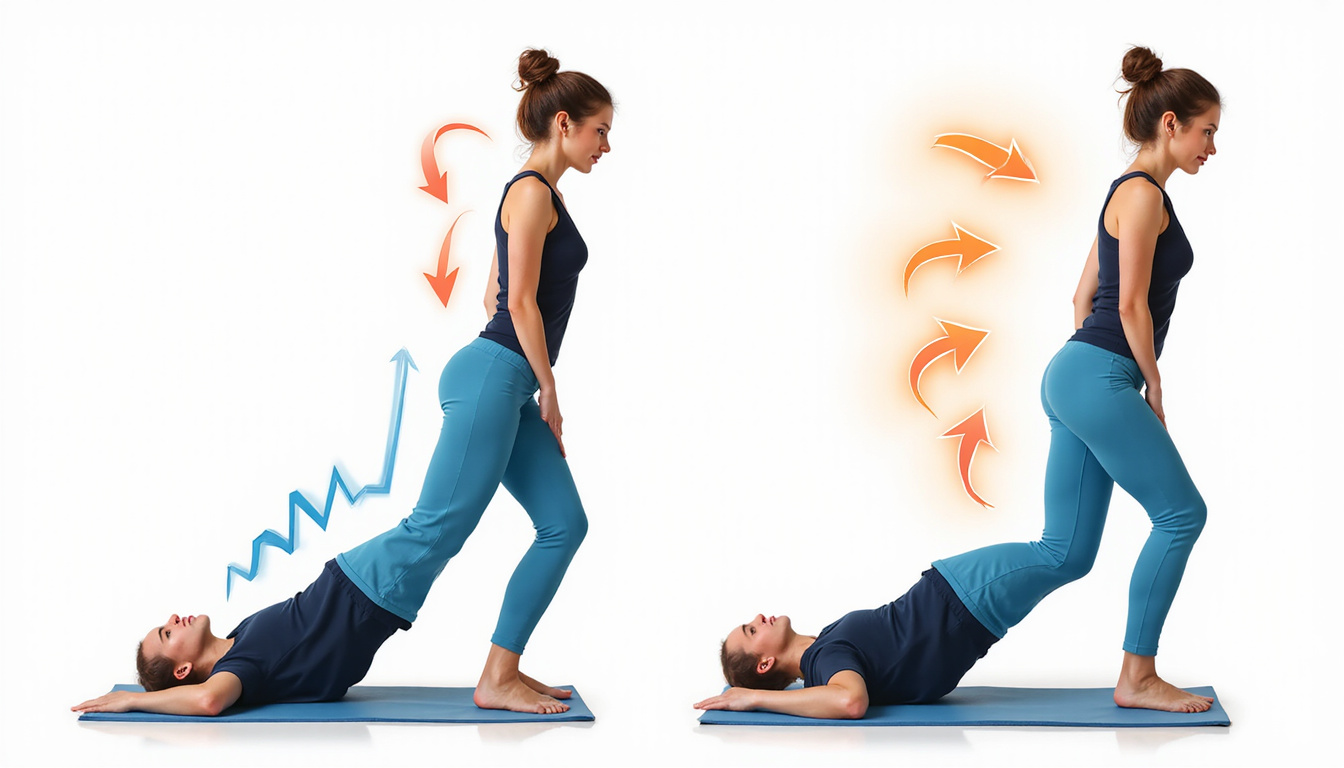  Before-and-after posture split image, slouched vs upright, pain relief aura, gentle instructional arrows