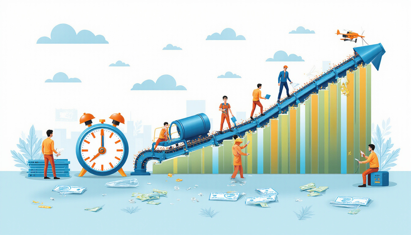 infographic style composite: stopwatch, falling costs graph, streamlined conveyor, technicians optimizing machinery