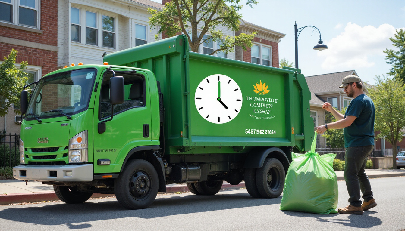  Green pickup truck arrives, worker loading labeled compost bags quickly, oversized clock overlay, efficient neighborhood street