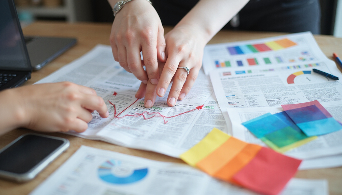  Creative director arranging dynamic layout on newspaper, vibrant color swatches, arrows indicating soaring conversions