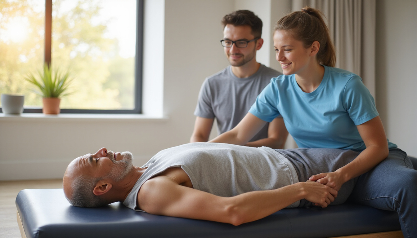  Young physiotherapist giving gentle push perturbations to smiling elderly man on foam pad, sunlit gym