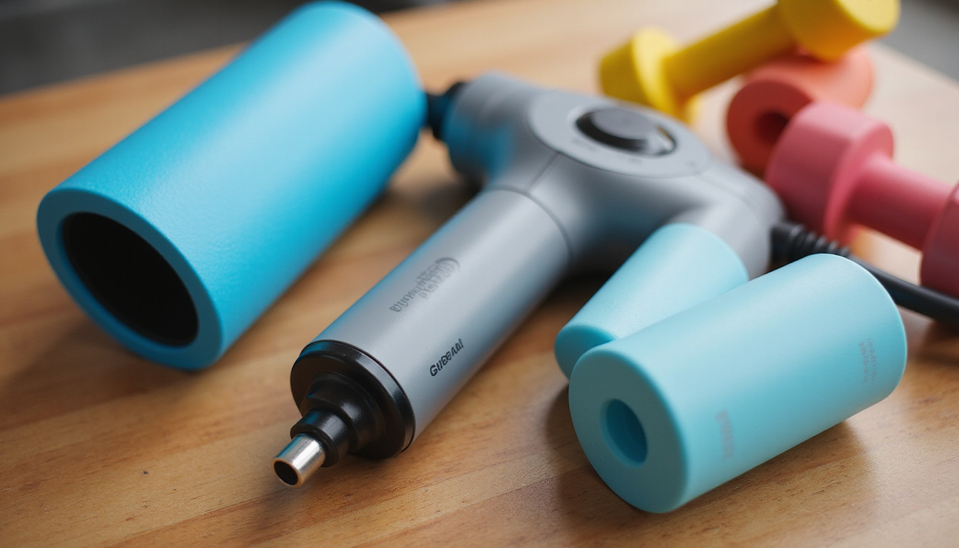 Close-up of rehabilitation tools on wooden table: massage gun, ultrasound device, foam roller, colorful dumbbells