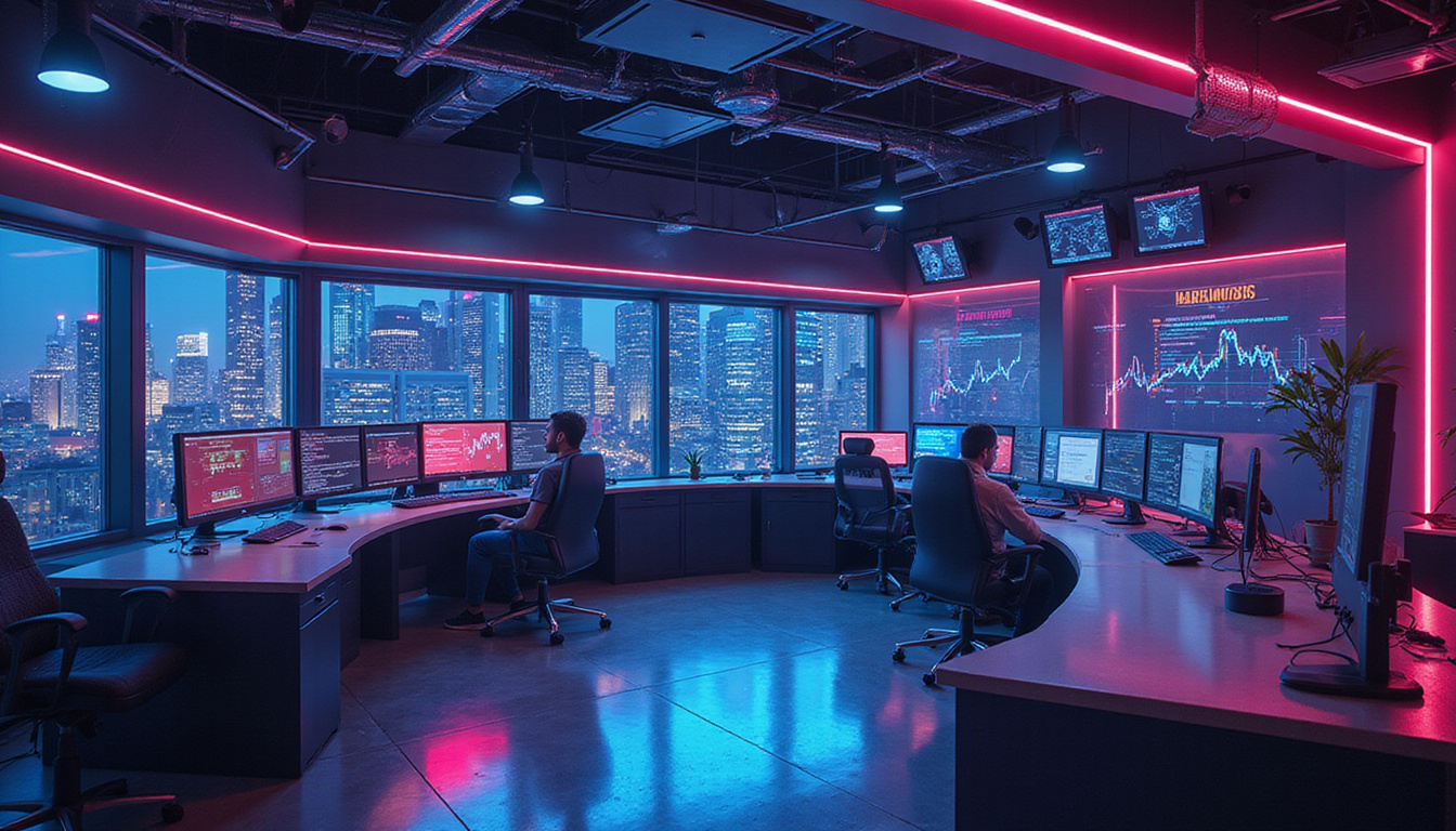  Marketing control room with holographic targeting overlays, second party data pipelines, neon dashboard