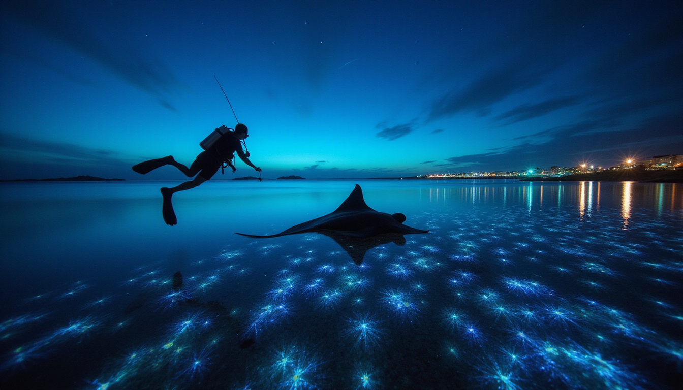  Night dive with bioluminescent plankton, manta ray silhouette, illuminated guide, resort lights on horizon