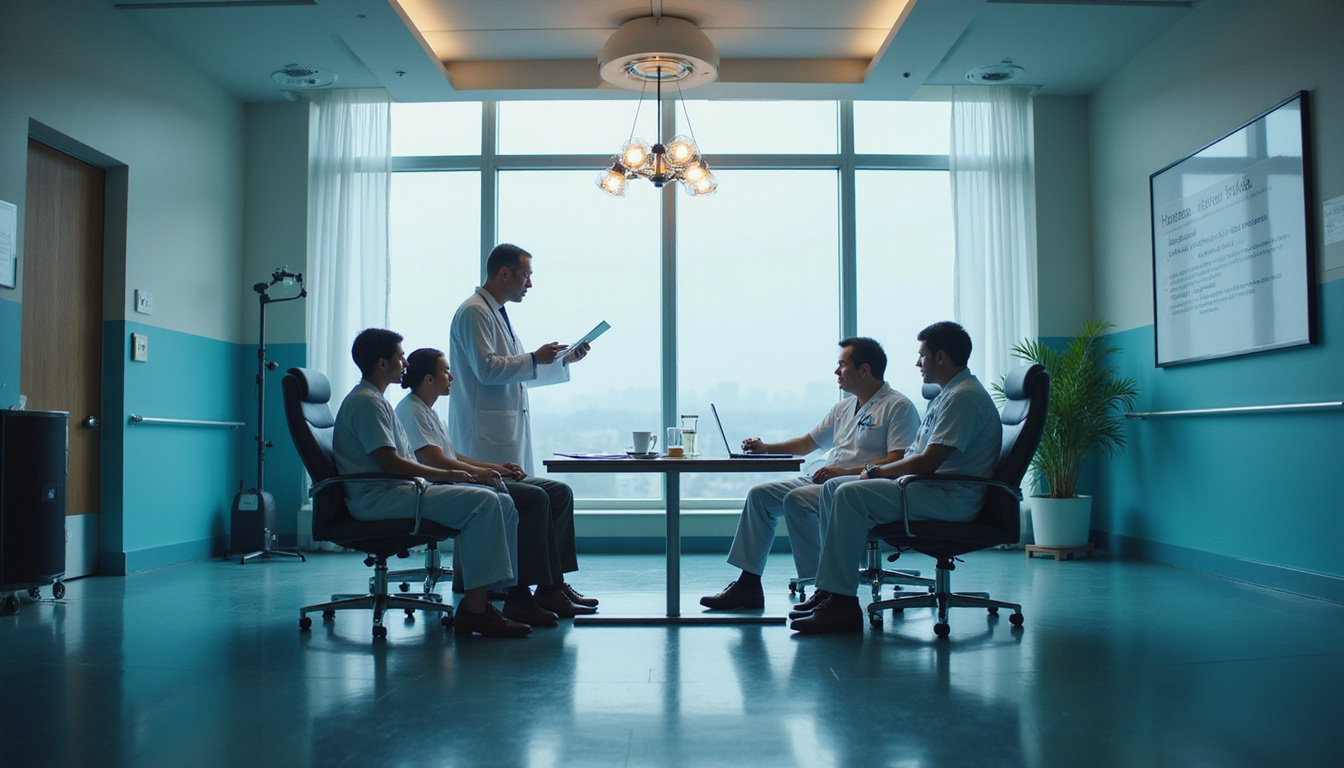  Doctors and patients in hushed strategy meeting, checklist titled Ten Tips, warm cinematic hospital scene