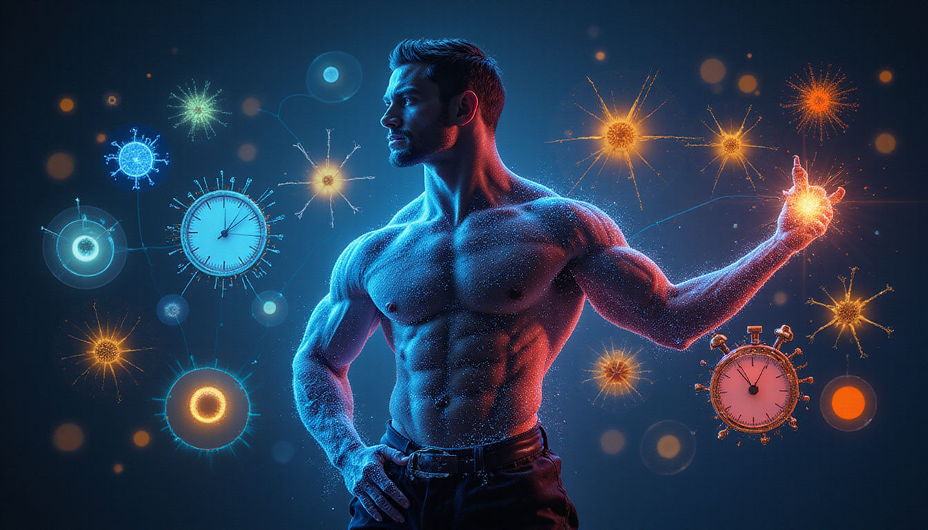  Scientific infographic style: lean athlete surrounded by healthy proteins, scales, stopwatch, glowing muscle fibers