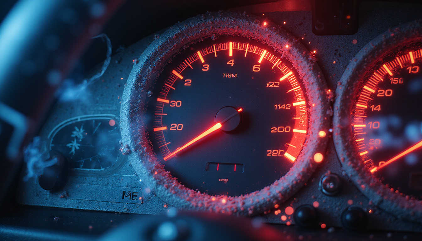  Tachometer needle slamming red, electric arcs around engine, blueprint overlays, handwritten tuning secrets, cinematic