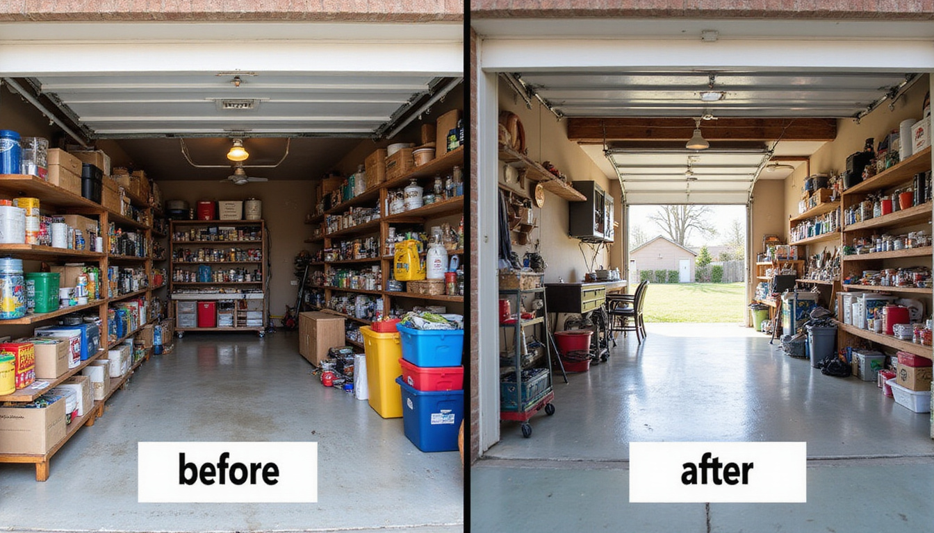 Before and after garage transformation, cluttered chaotic to organized minimalist, labeled bins, clear pathways