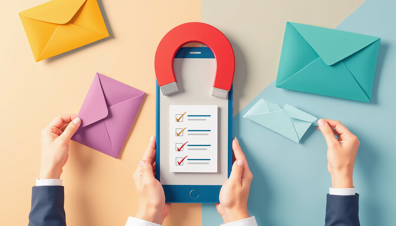  Magnet pulling colorful envelopes toward smartphone, hands celebrating growth, checklist and conversion rate display