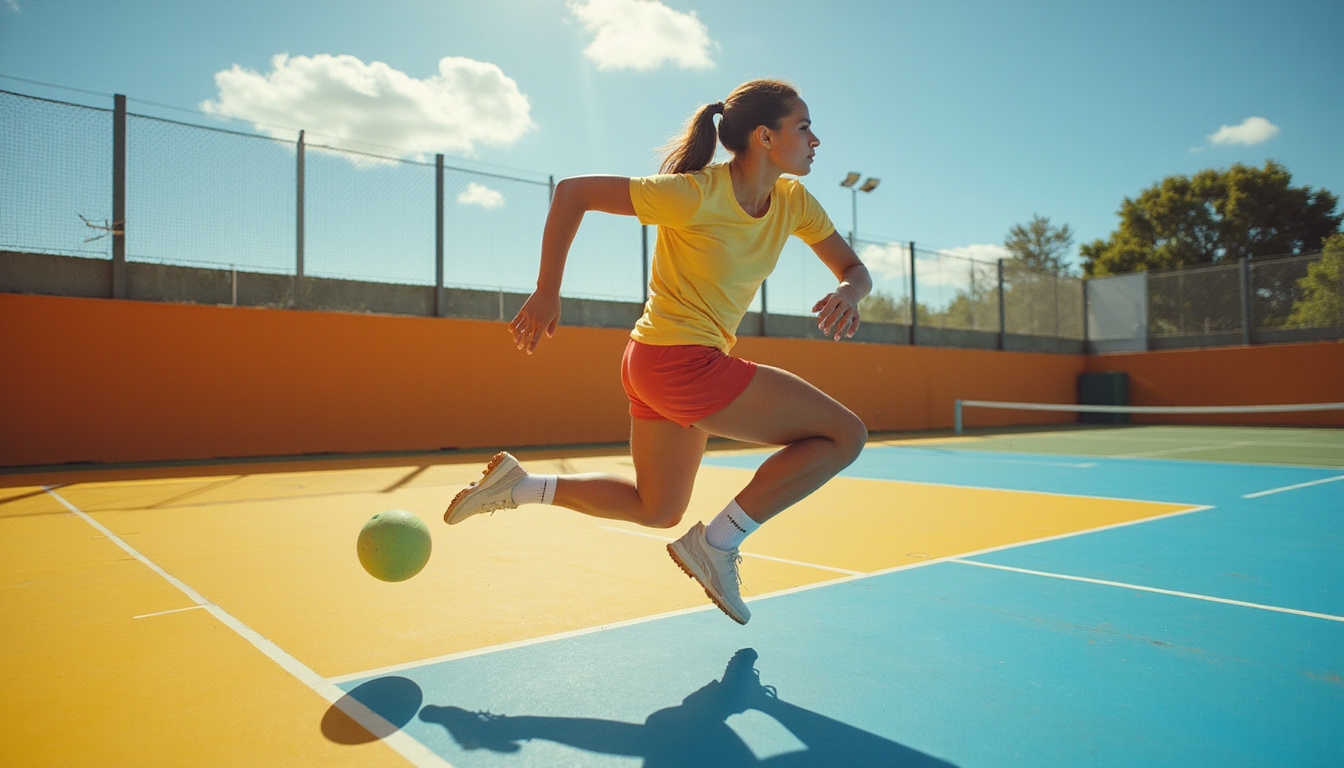  Confident player lunging to dominate court, glowing joints, dynamic motion lines, sunny outdoor court