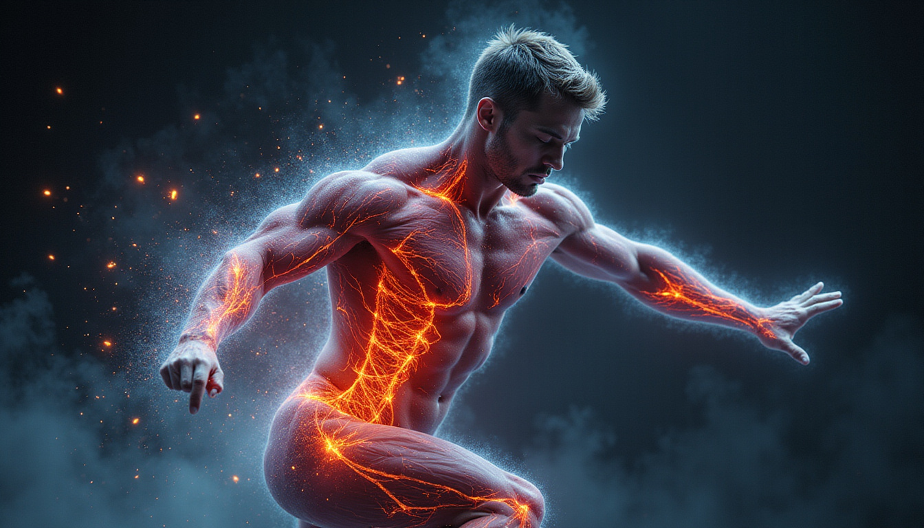  Athlete recovering, energetic pulse healing muscles, translucent proline amino acid structures, dynamic motion