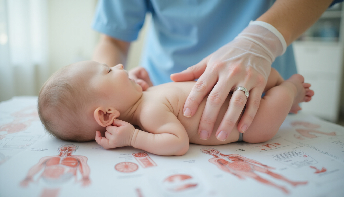  close-up hands demonstrating gentle tactile stimulation techniques on newborn, anatomical charts, calm pastel tones