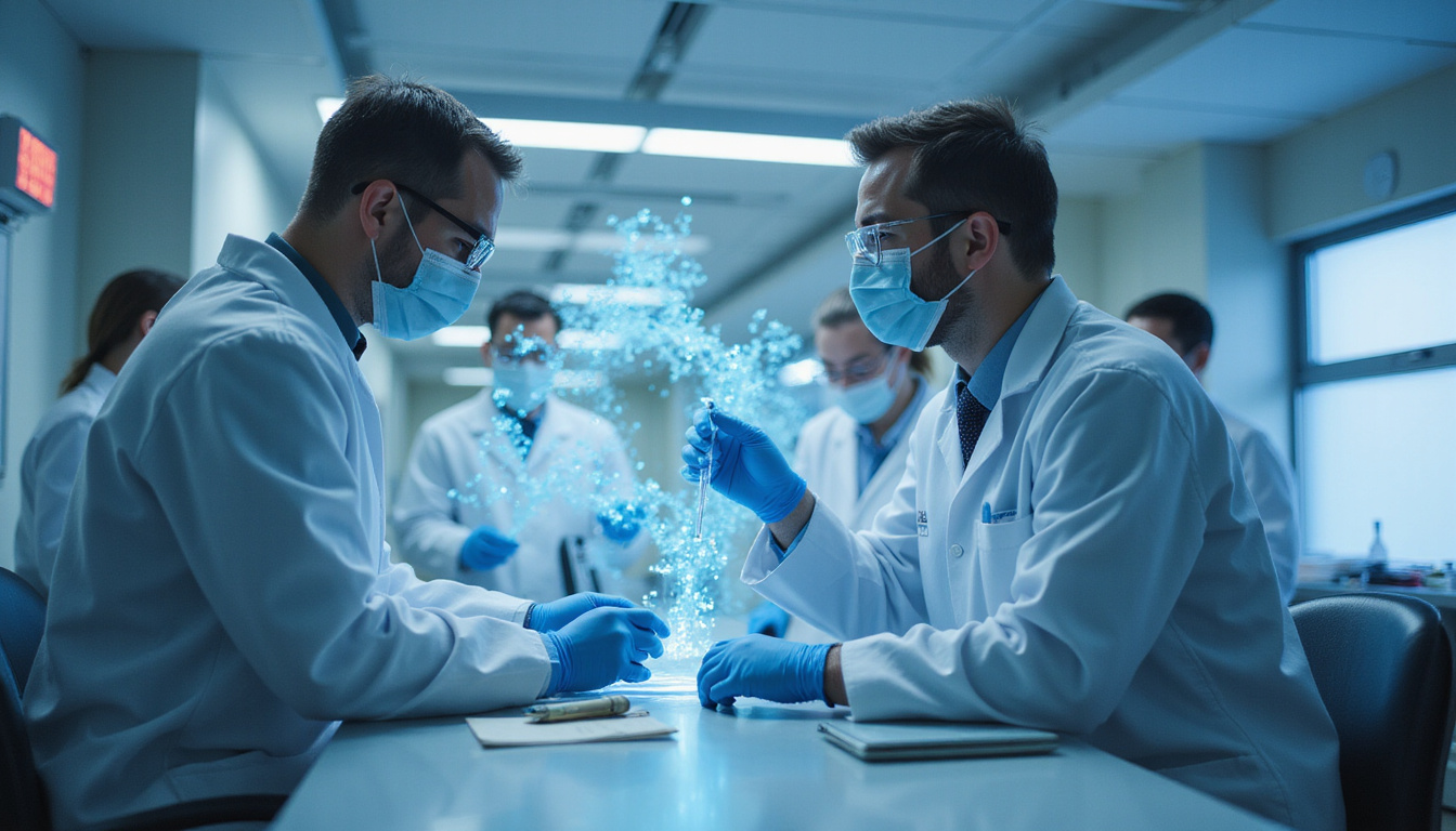 Futuristic lab scene: researchers deploy targeted therapy, tumor shrinking, hopeful clinical breakthrough light