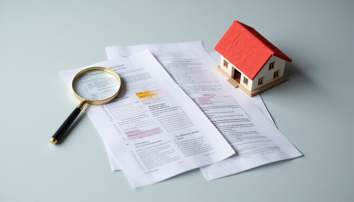 Stack of legal rental documents with highlighted clauses, magnifying glass, house model, neutral background