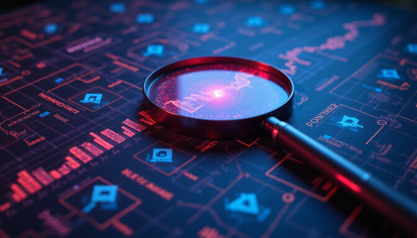  Mysterious analytics labyrinth, magnifying glass revealing secret signals converting into precise revenue graph, neon light