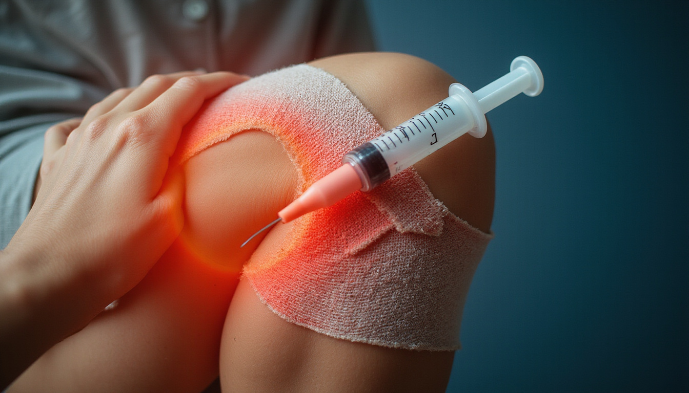  Aching knee with fading clock overlay, syringe wrapped in bandage, muted tones, skeptical mood