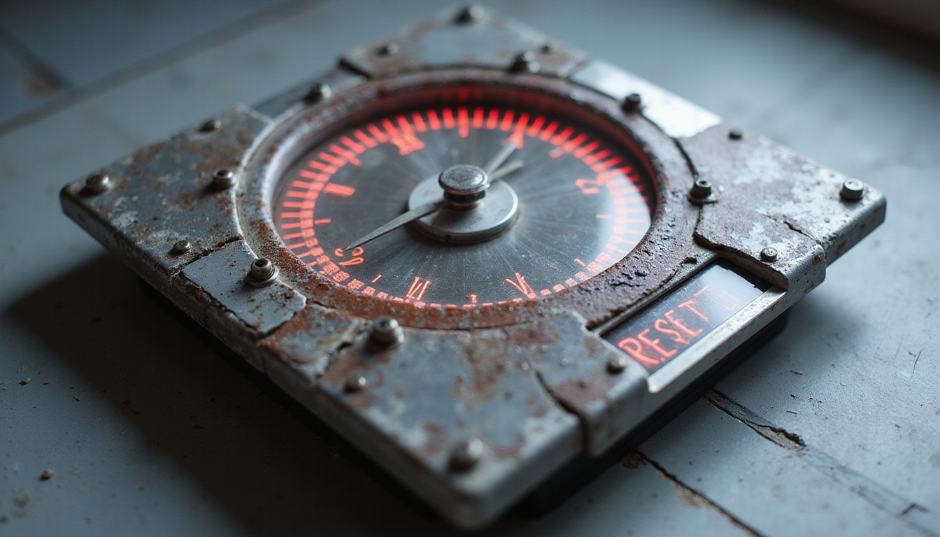  Stalled bathroom scale fused with clock and gears, reset button labeled Metabolism glowing red