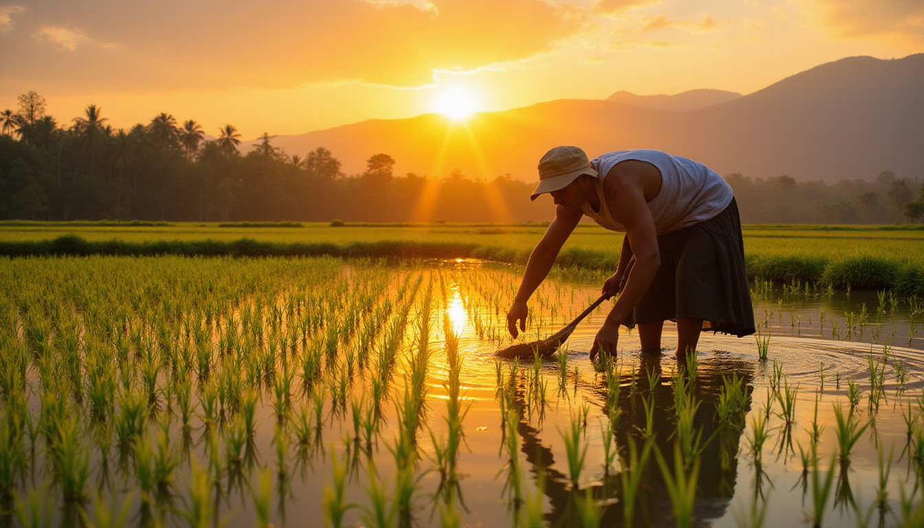  Close-up farmer planting rice in flooded terrace, traditional Balinese attire, golden sunrise reflections