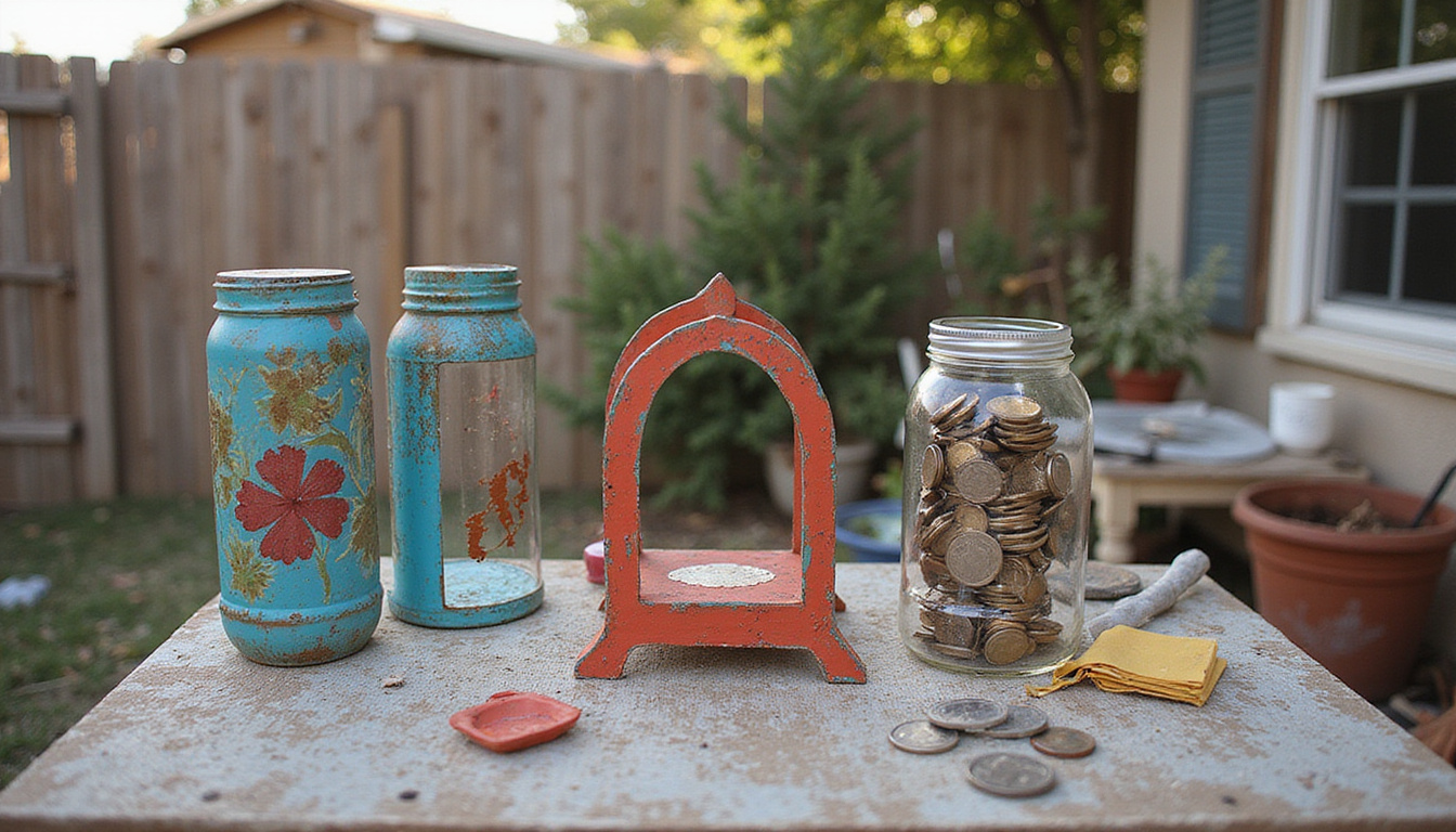 Inland Empire backyard workshop crafting upcycled metal art and thrifted furniture flips, coins in jar