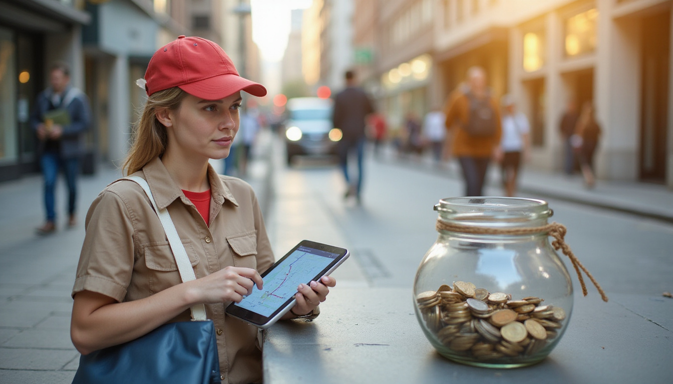 City courier optimizing mapped routes on tablet, coins falling into savings jar, calm commuters