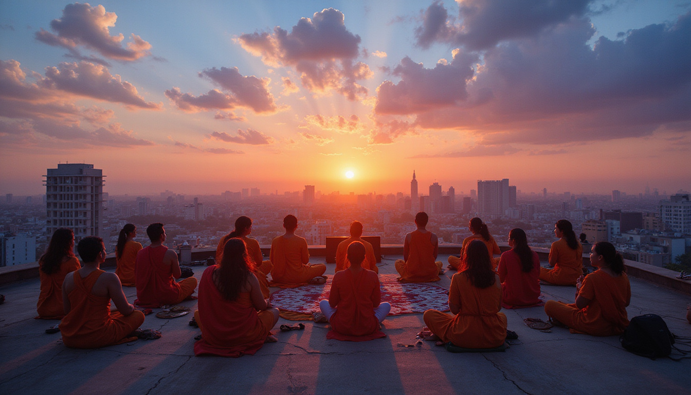 Rooftop evening kirtan, devotees chanting, lotus halos, rippling soundwaves painted in warm light