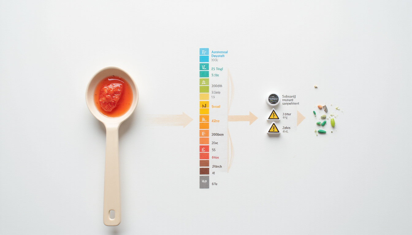  Minimalist supplement guide scene: measured spoon, dosage chart, caution signs, clean white background