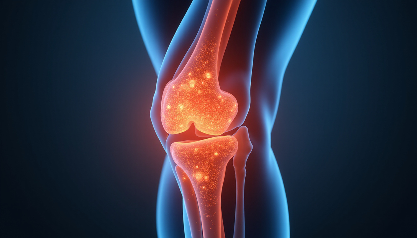  Knee joint cutaway showing army of tiny glowing cells easing pain, hopeful patient walking