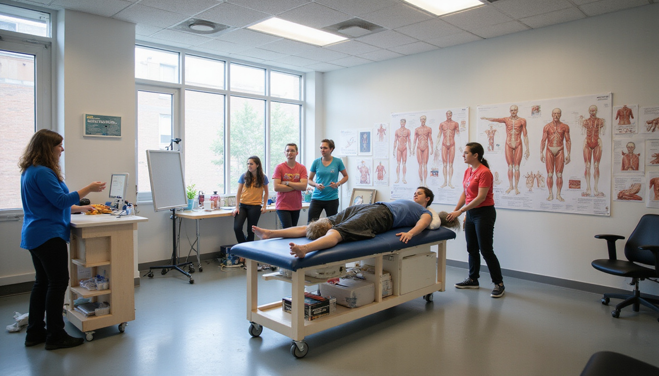 Dynamic classroom, students practicing manual therapy on diverse patients, anatomy charts, confident instructor