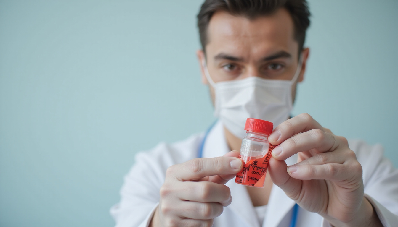  Doctor measuring precise biotin dose, warning icons, lab vial, red caution tape, calm palette