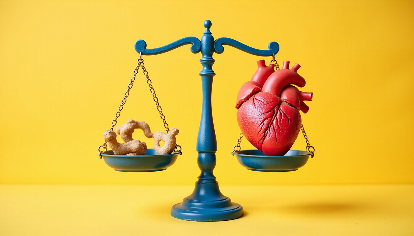  Symbolic scale: testosterone molecules on one side, protective shield and healthy heart on other