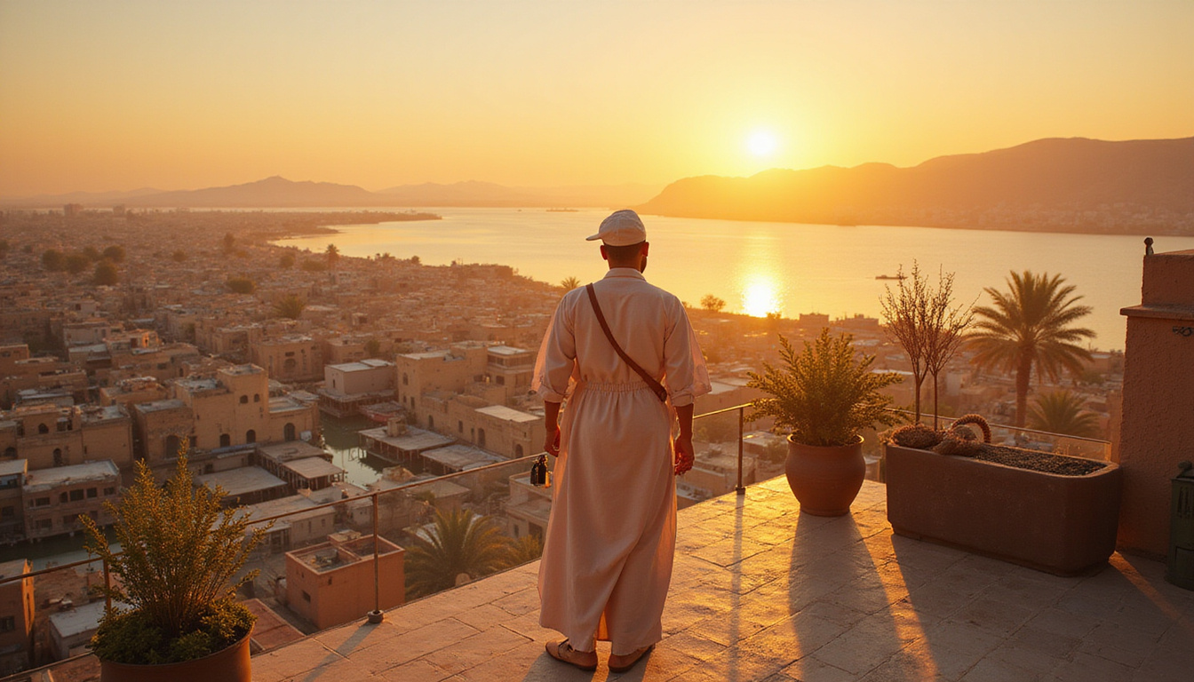 Rooftop terrace overlooking Nile, landlord handing keys to tenants, Arabic market below, golden light