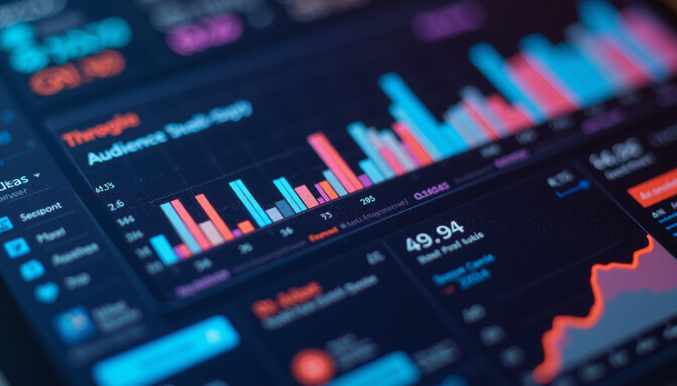 Close-up of A/B causal targeting interface, neon charts, personalized audience segments transforming into sales