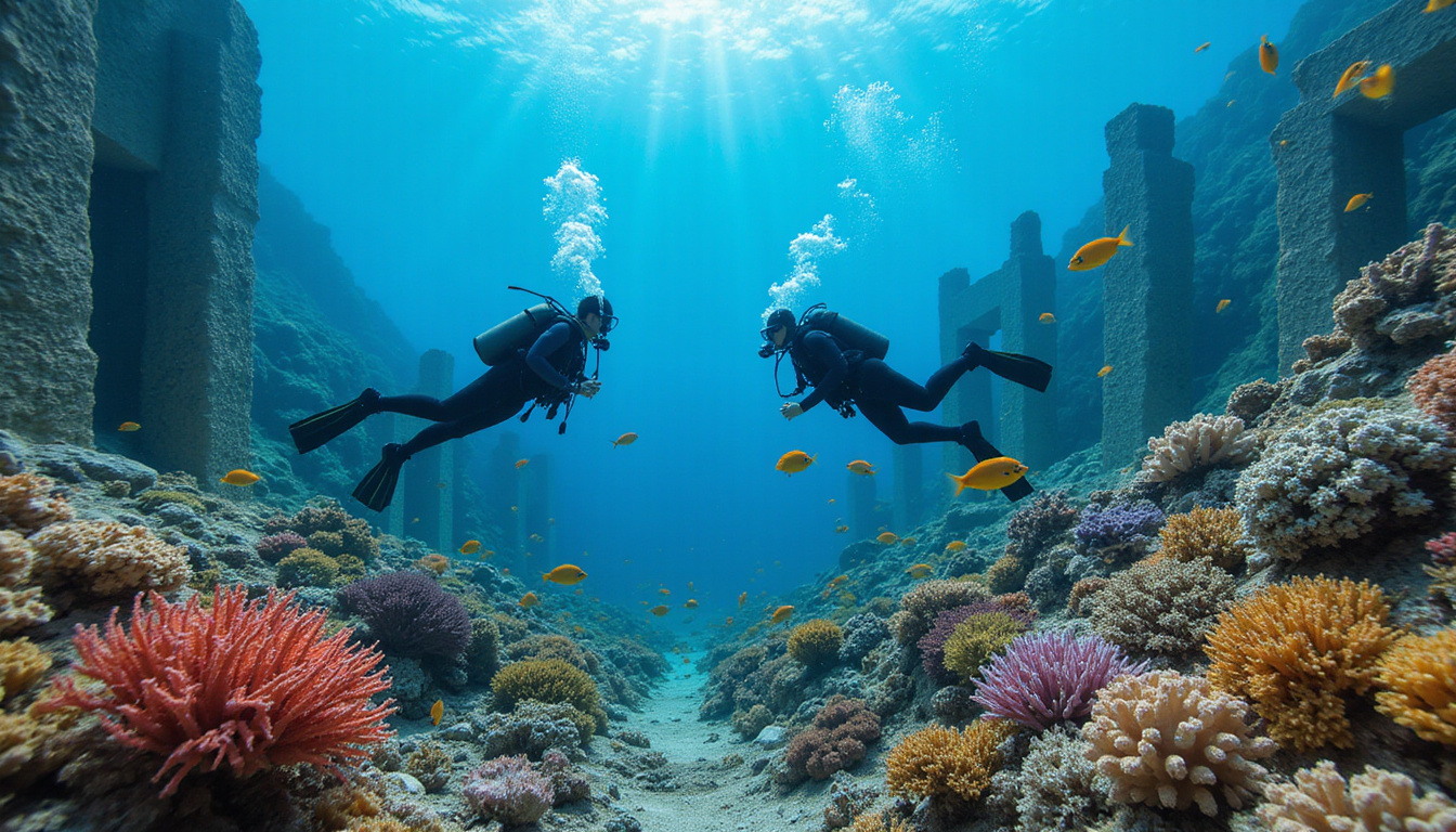 Scuba divers exploring vibrant Red Sea coral gardens near ancient Egyptian ruins, colorful fish swirl