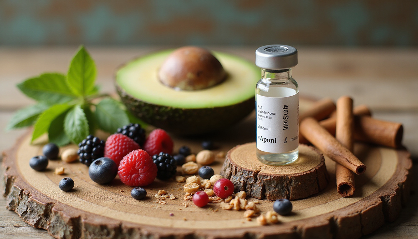  Rustic wooden table with berries, avocado, nuts, cinnamon, legumes balancing glass insulin vial metaphor