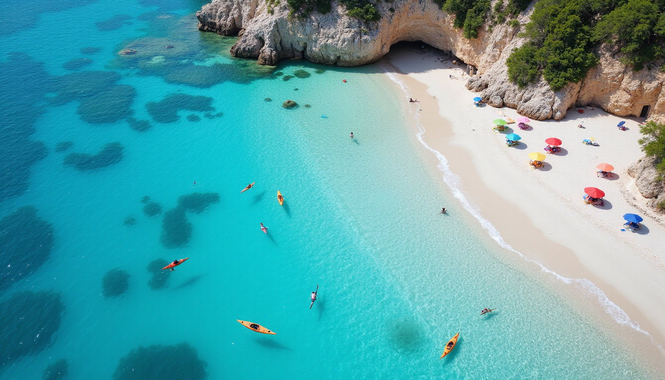  Drone panorama of turquoise cove, white sand beach, colorful umbrellas, kayaks slicing crystal water