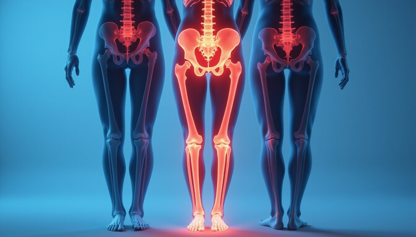 Medical anatomical split view: pelvis and legs, X-ray overlay, leg length discrepancy correction devices