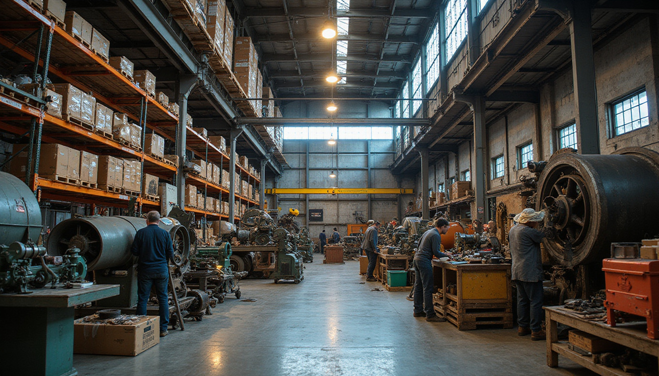 Warehouse full of reclaimed machinery, technicians inspecting parts under dramatic industrial lighting, organized crates