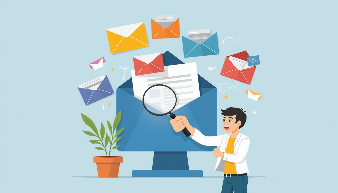  concerned person with magnifying glass uncovering missing emails, colorful floating envelopes, tidy inbox