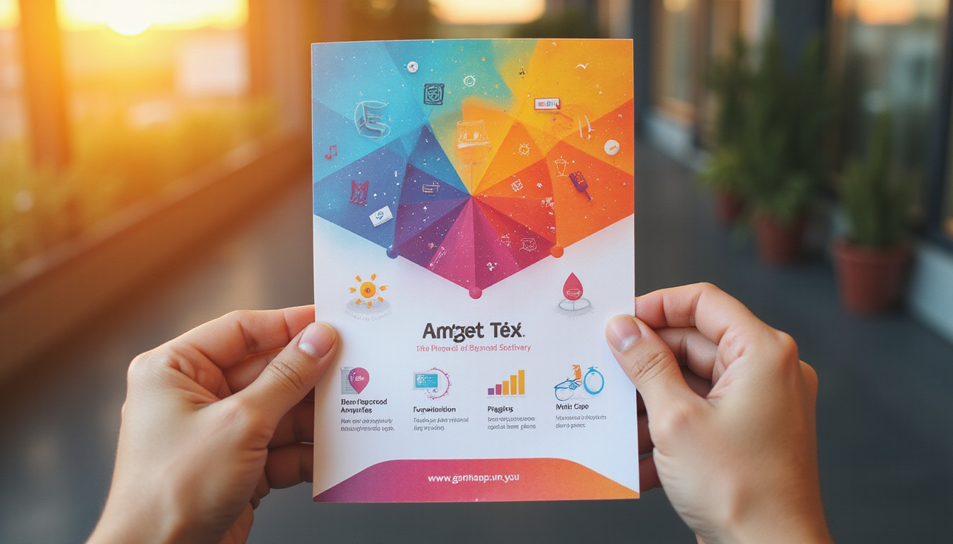  Hands holding glossy colorful small business flyer, playful icons, layered geometric shapes, warm sunset lighting