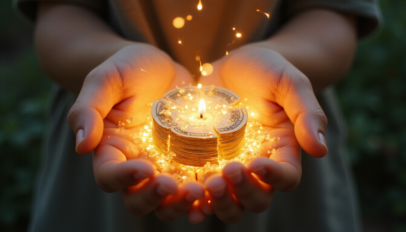  Open hands catching luminous manifestation light, stacks of money forming like flowers, peaceful smile