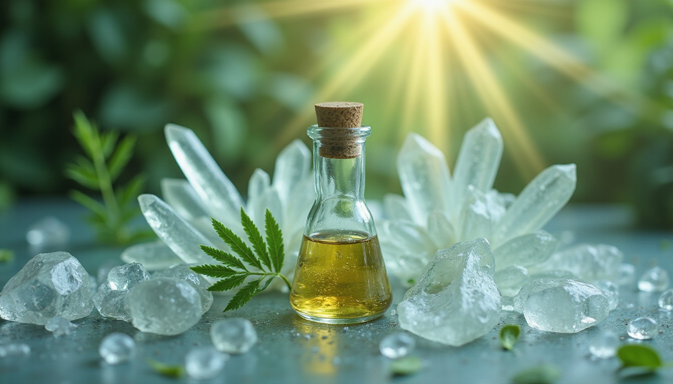  Glass vial of horsetail extract radiating mineral light into crystalized bone structure, clinical botanical backdrop
