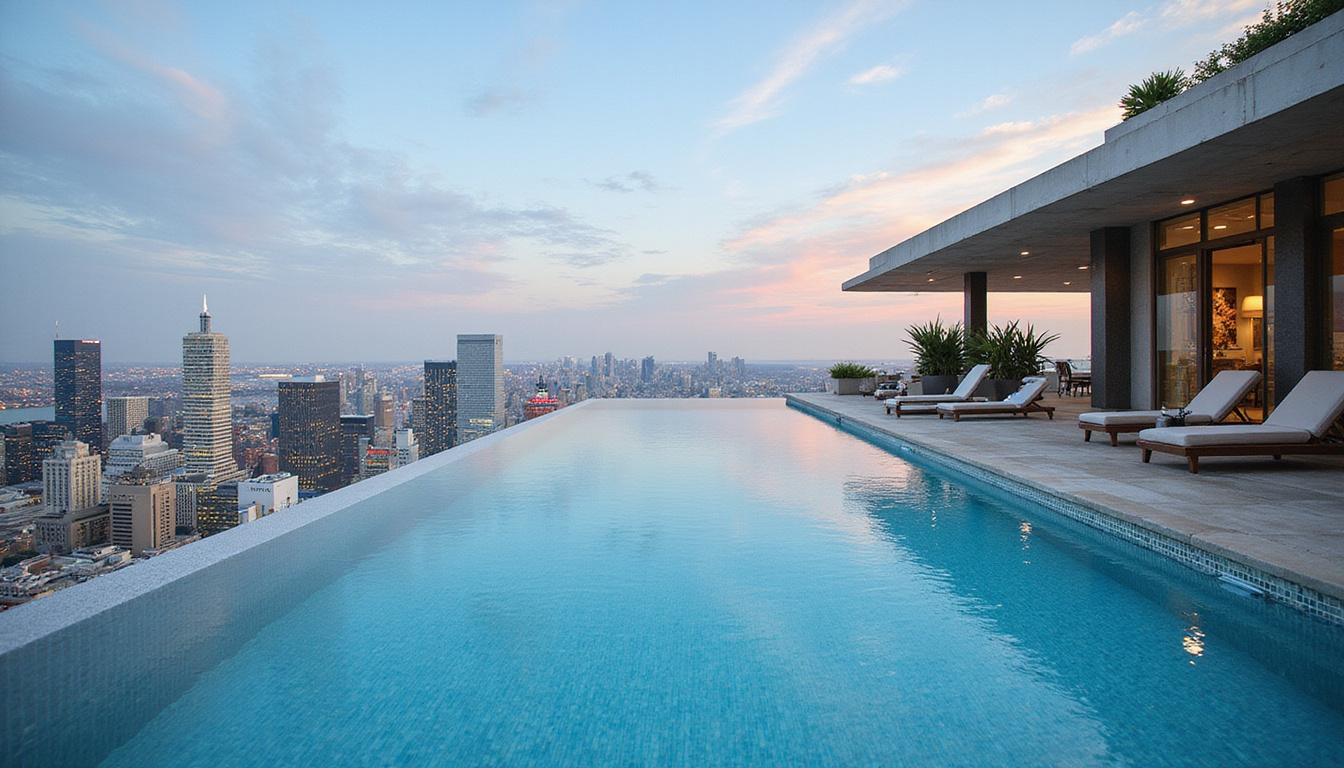 Rooftop infinity pool overlooking downtown, business travelers networking, champagne service, valet parking