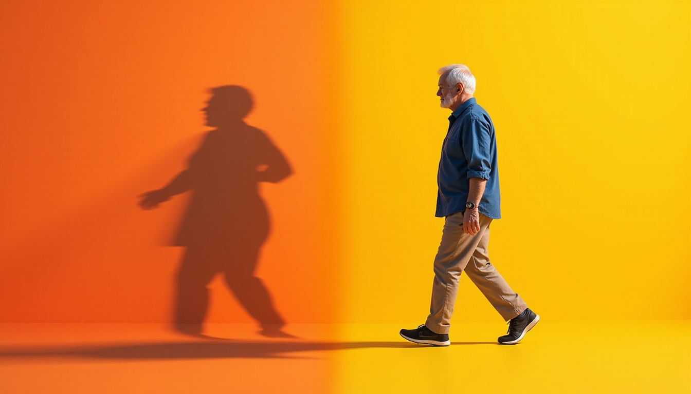  Before-and-after split image: arthritic knee pain shadow to healed, active elderly walking