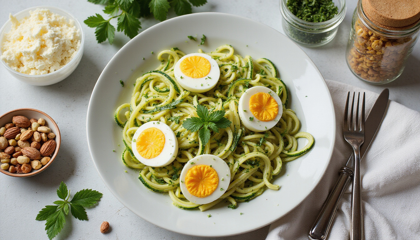  Warm overhead shot of meal prep: zucchini noodles, eggs, cheese, nuts, fresh herbs, mason jars
