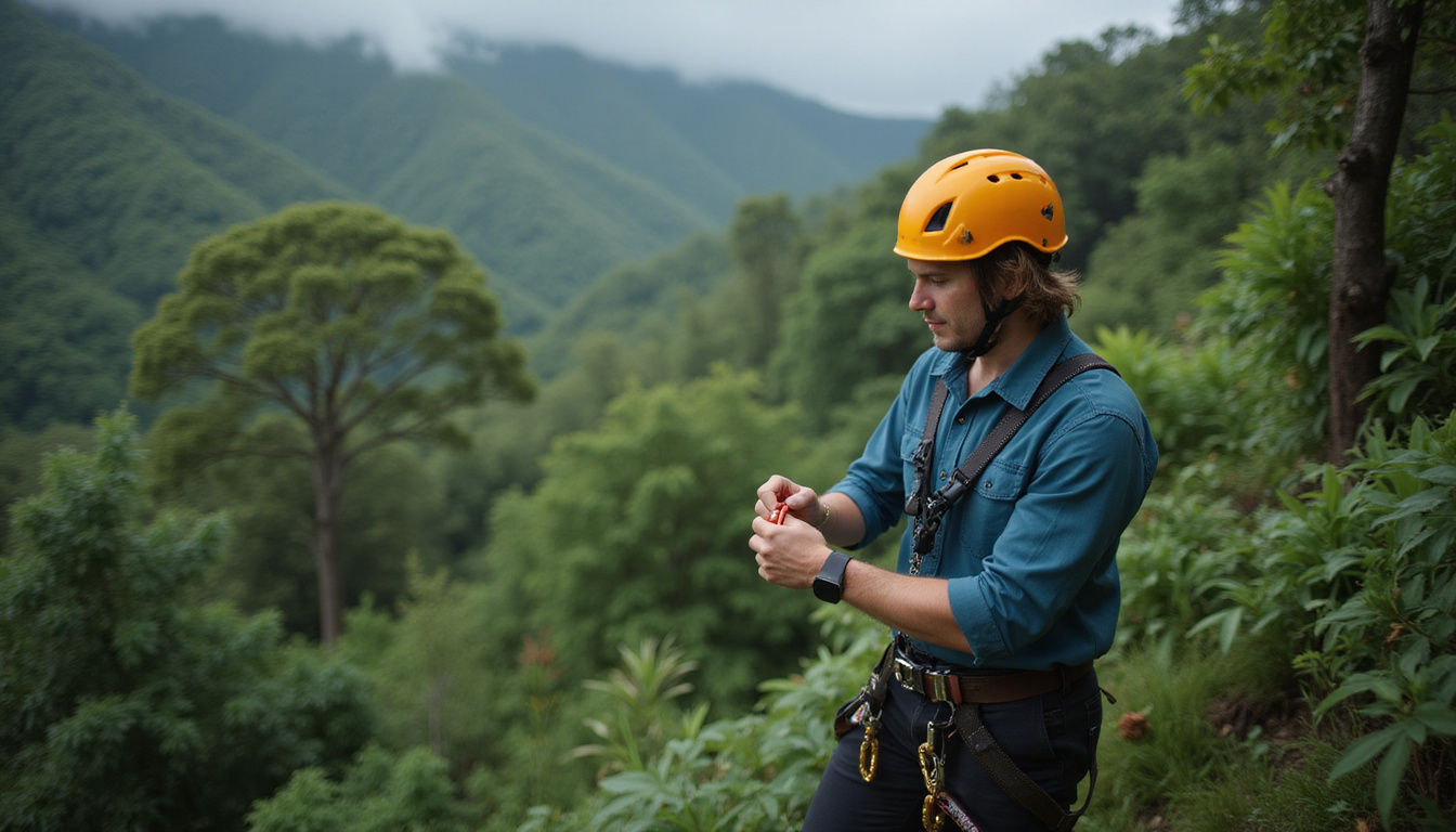  Close-up of guide checking safety harness and carabiner, tropical jungle backdrop, dramatic aerial perspective